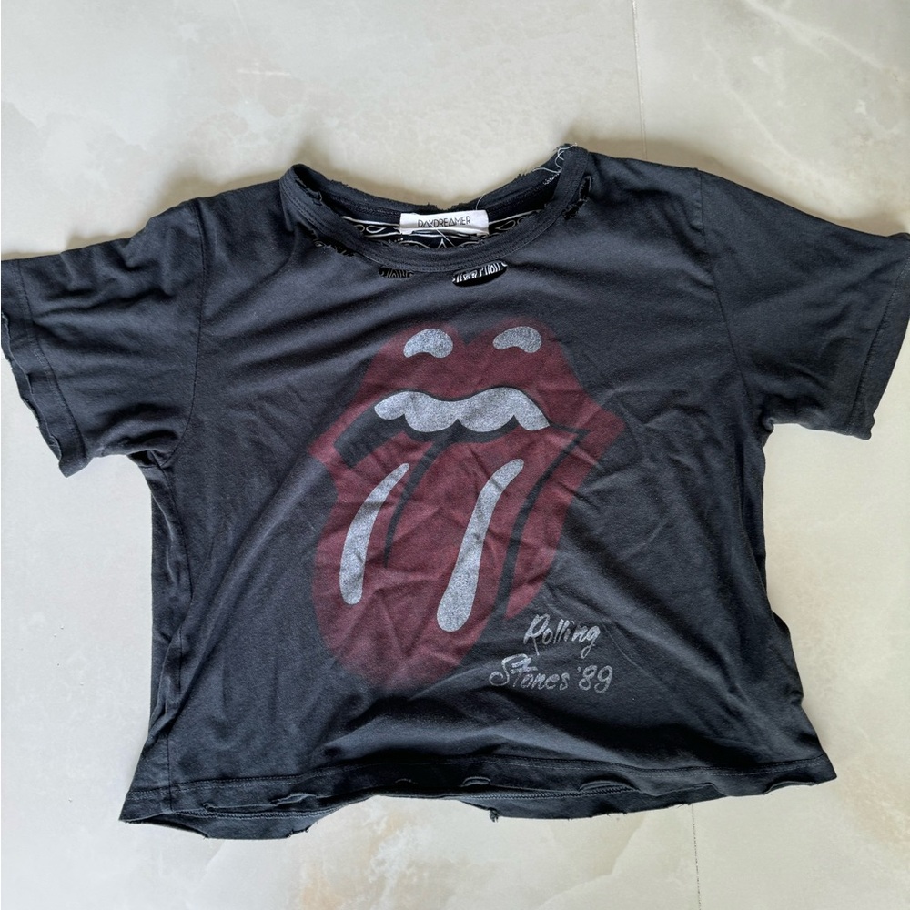 FREE PEOPLE Rolling Stones dark grey distressed bandana cropped tee
